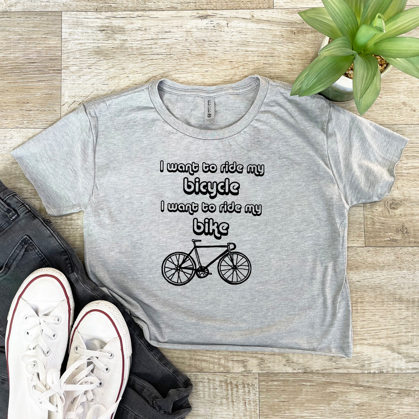 I Want To Ride My Bicycle, I Want To Ride My Bike - Women's Crop Tee - Heather Gray or Gold