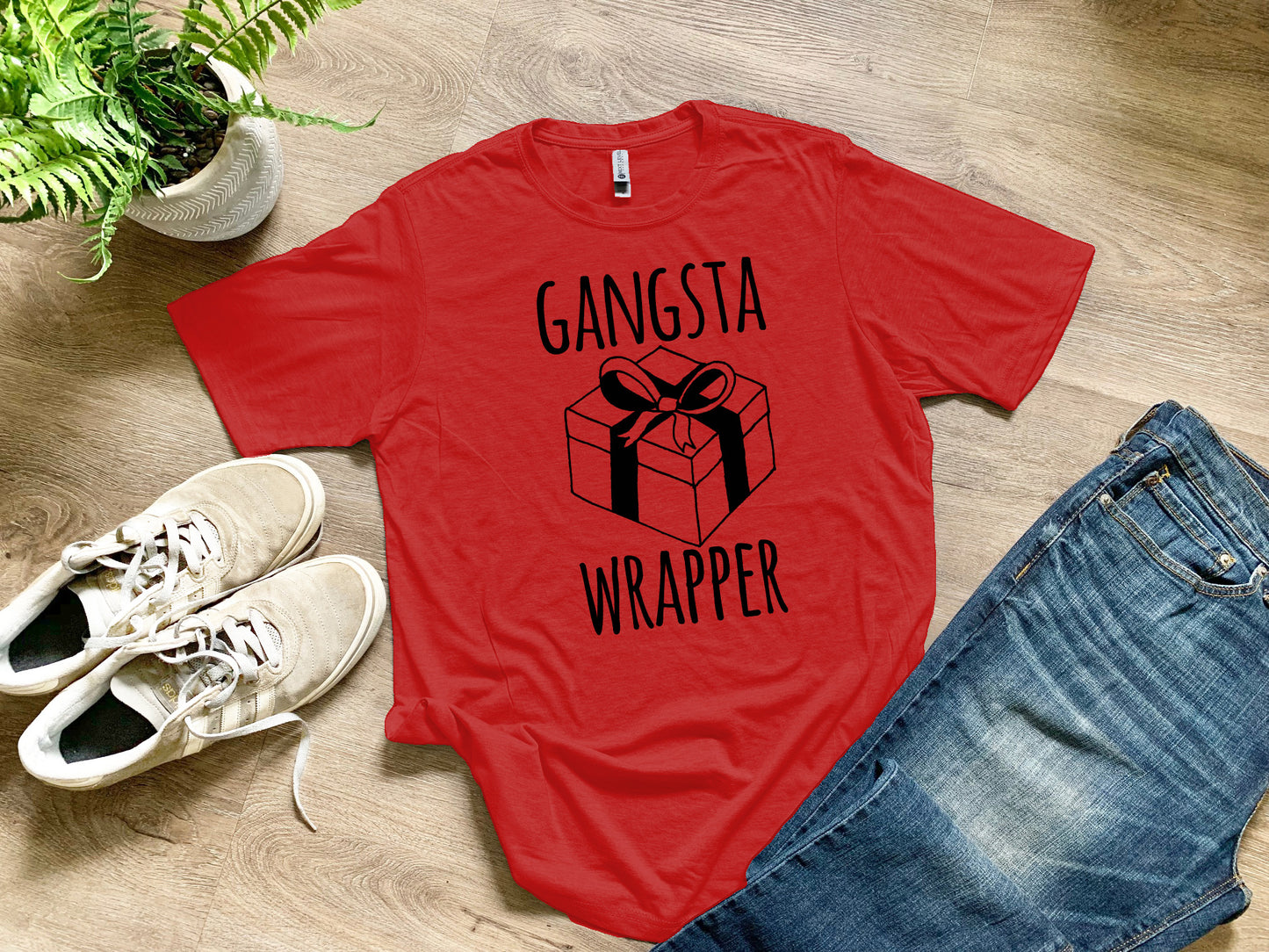 Gangsta Wrapper - Christmas Tee - Men's / Unisex Tee - Envy or Red