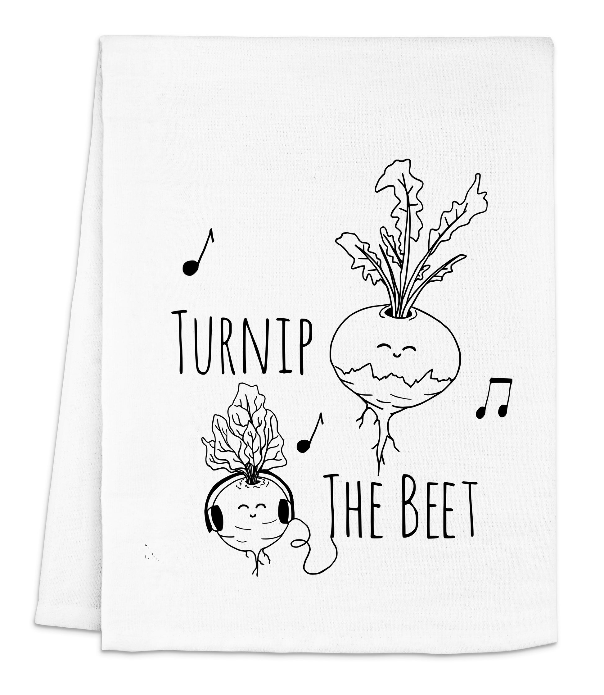 a white dish towel with a picture of a turnip and the beet
