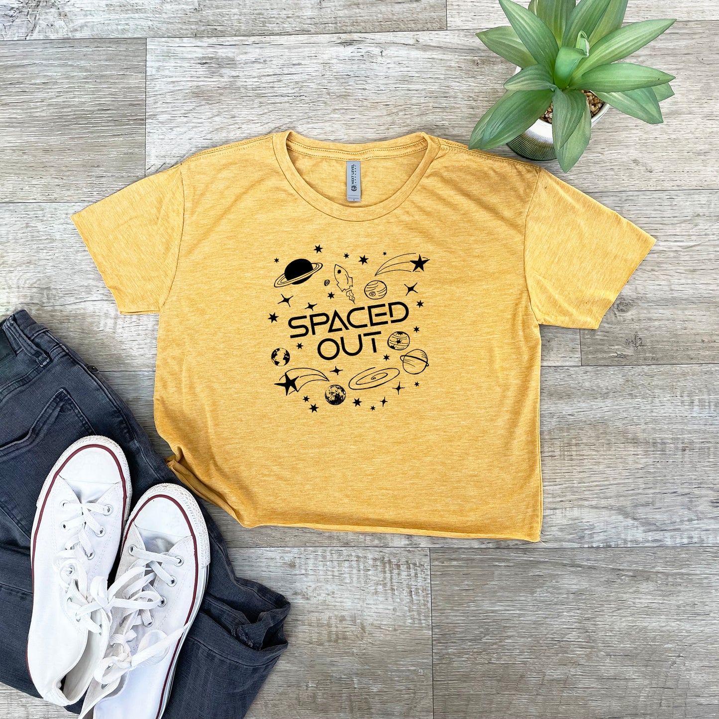 Spaced Out - Women's Crop Tee - Heather Gray or Gold