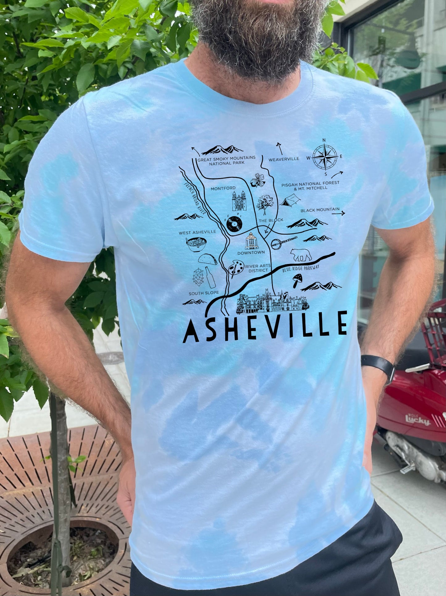 Asheville Map - Mens/Unisex Tie Dye Tee - Blue