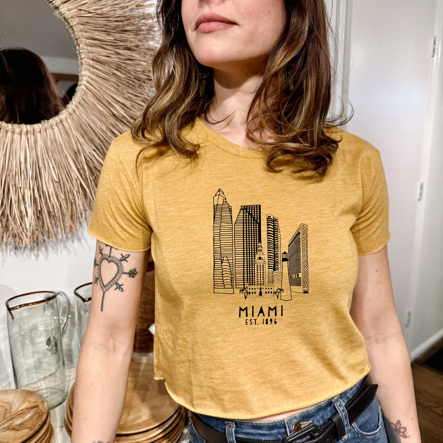 Miami Skyline - Women's Crop Tee - Heather Gray or Gold