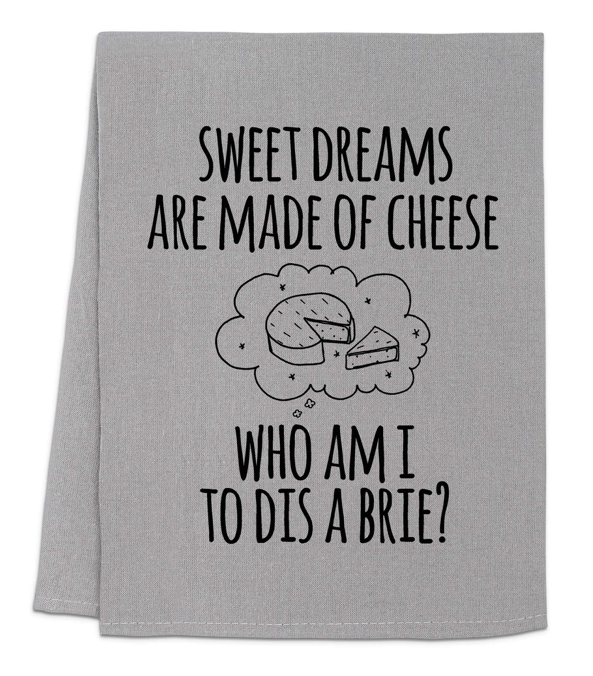 a gray dish towel with a picture of a piece of cheese on it