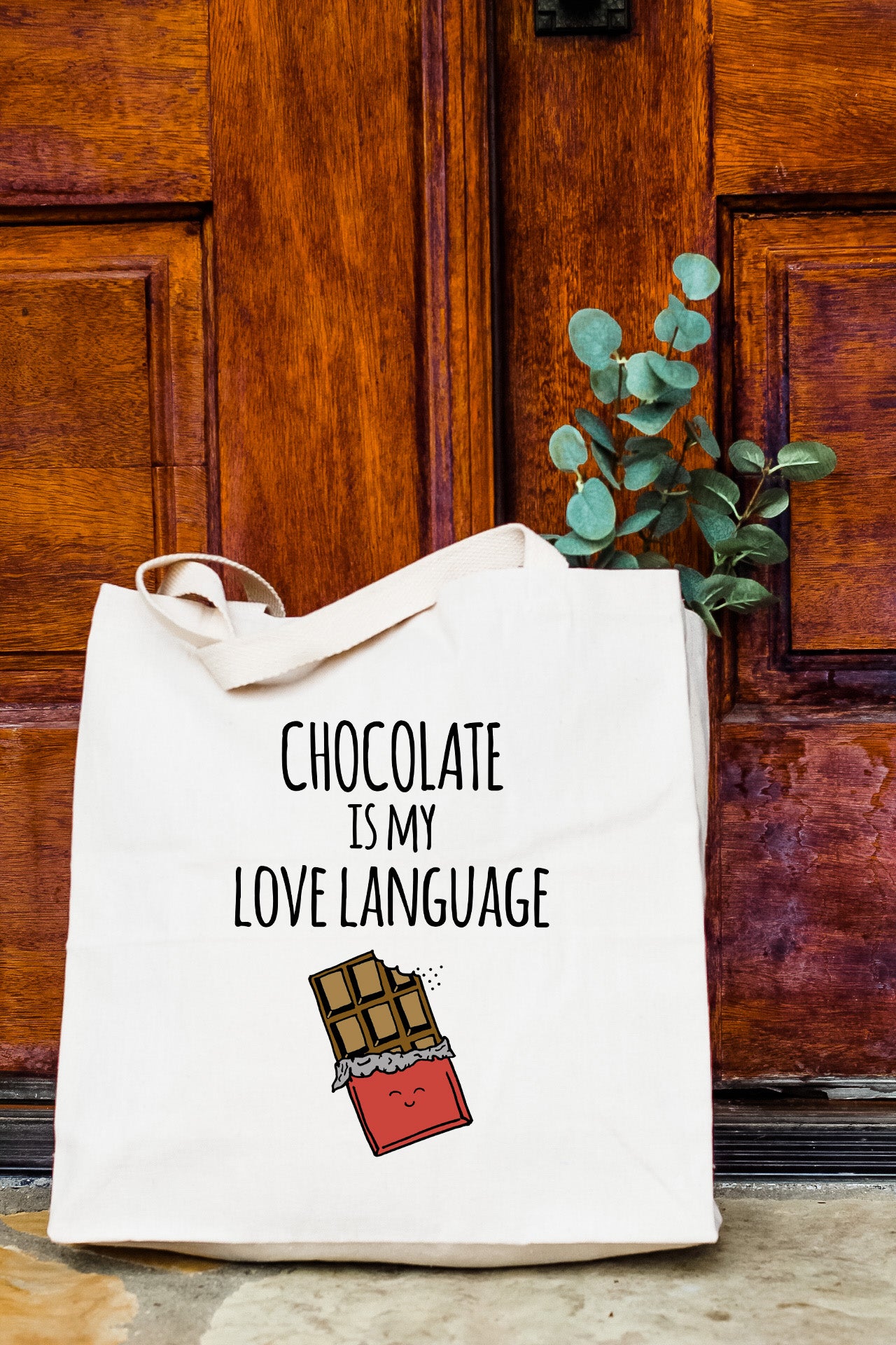 a tote bag with chocolate is my love language