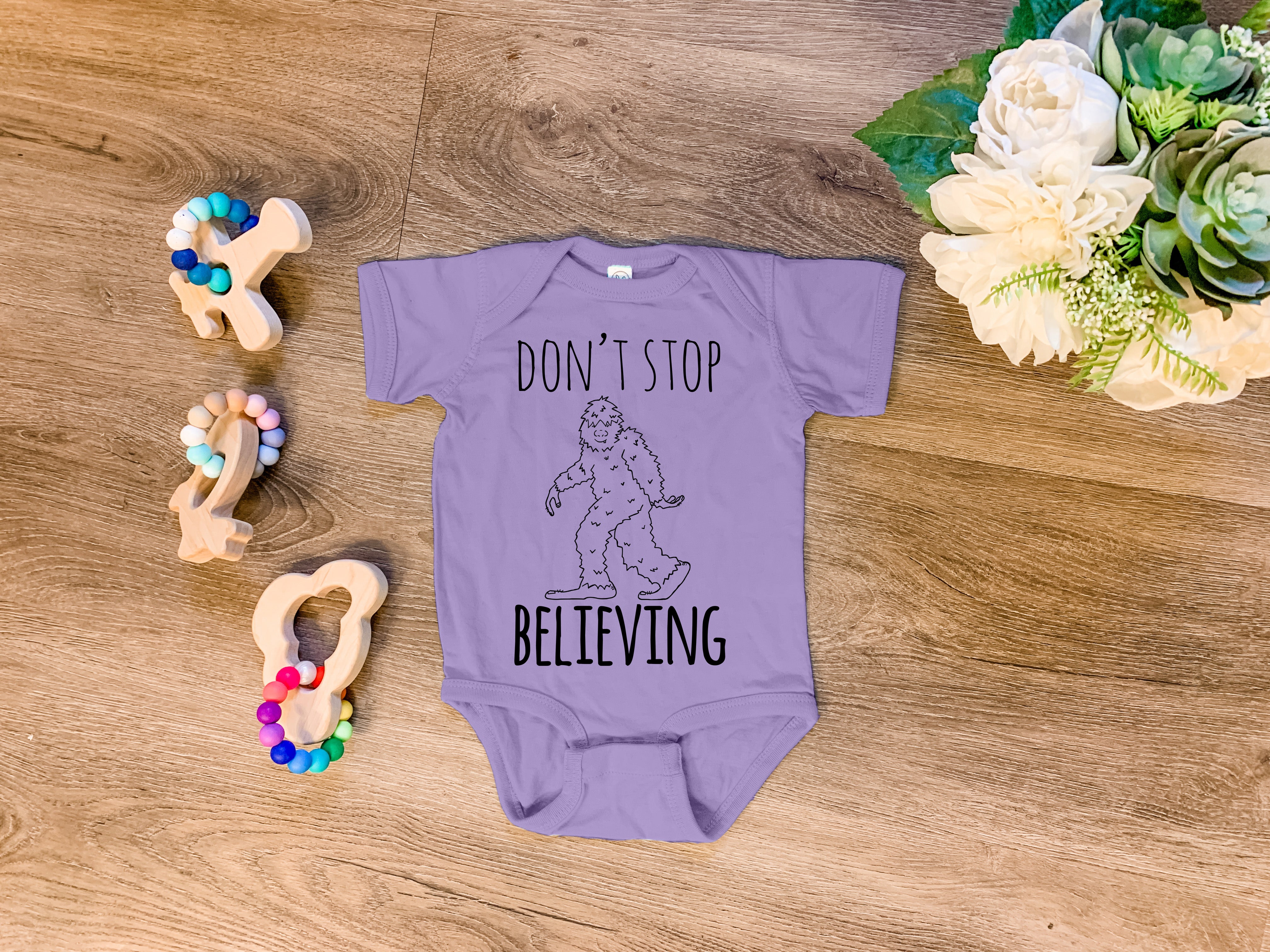 Don t Stop Believing Bigfoot Sasquatch Onesie Heather Gray Chi