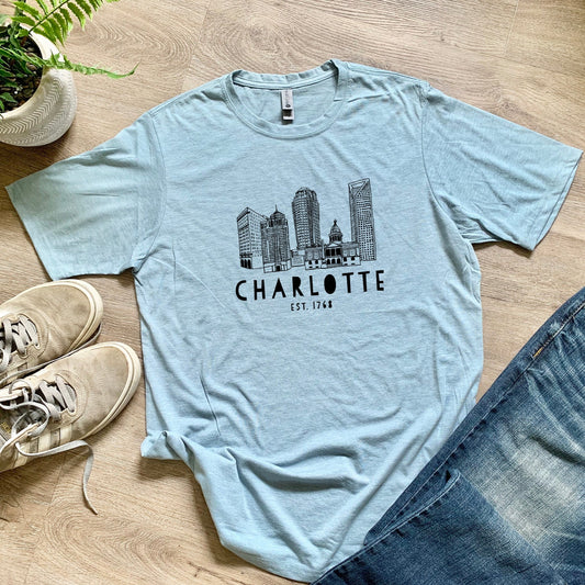 Charlotte Skyline - Men's / Unisex Tee - Stonewash Blue or Sage