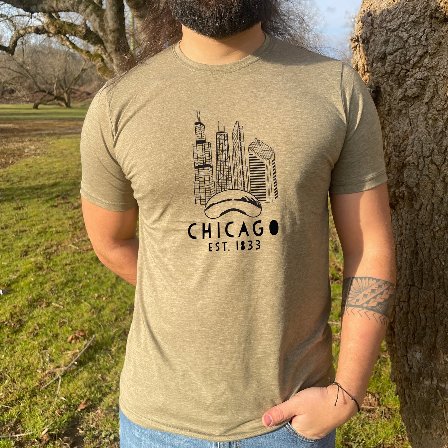 Chicago Skyline - Men's / Unisex Tee - Stonewash Blue, Sage, Lavender, or Heather Gray