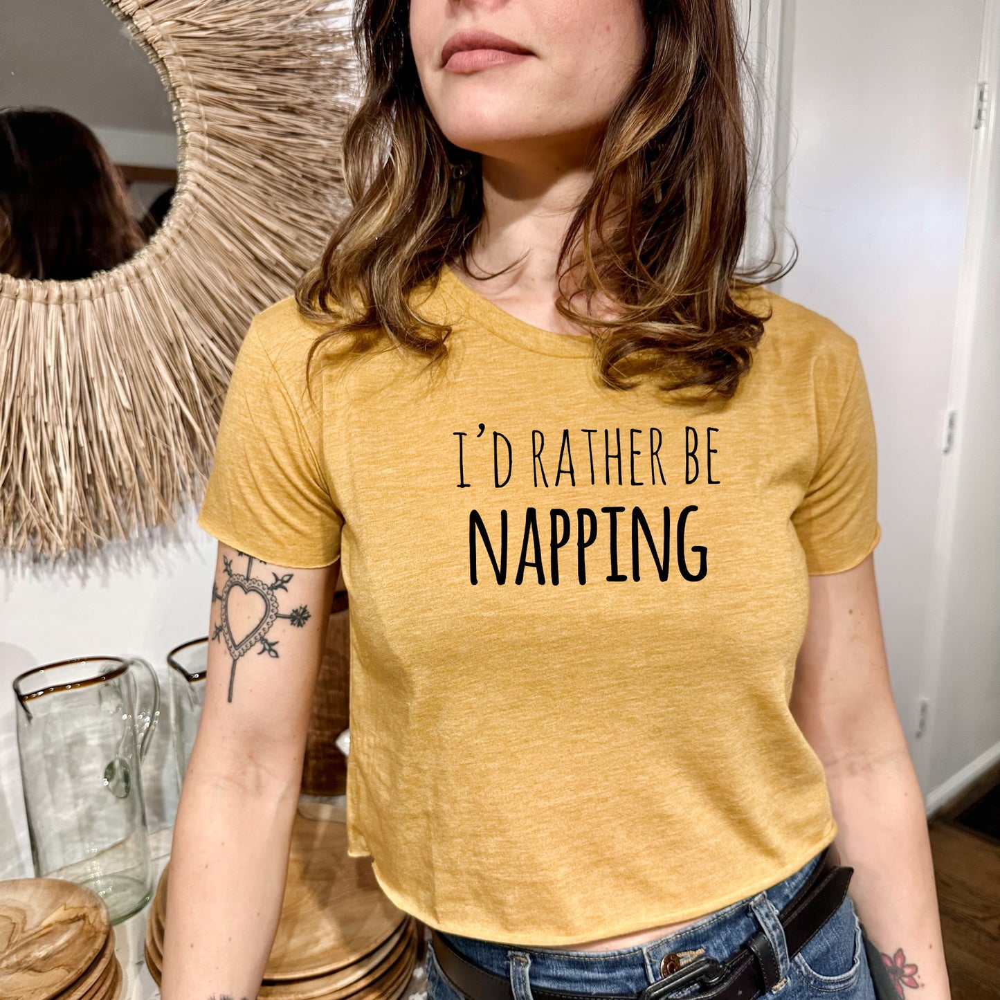 I'd Rather Be Napping - Women's Crop Tee - Heather Gray or Gold
