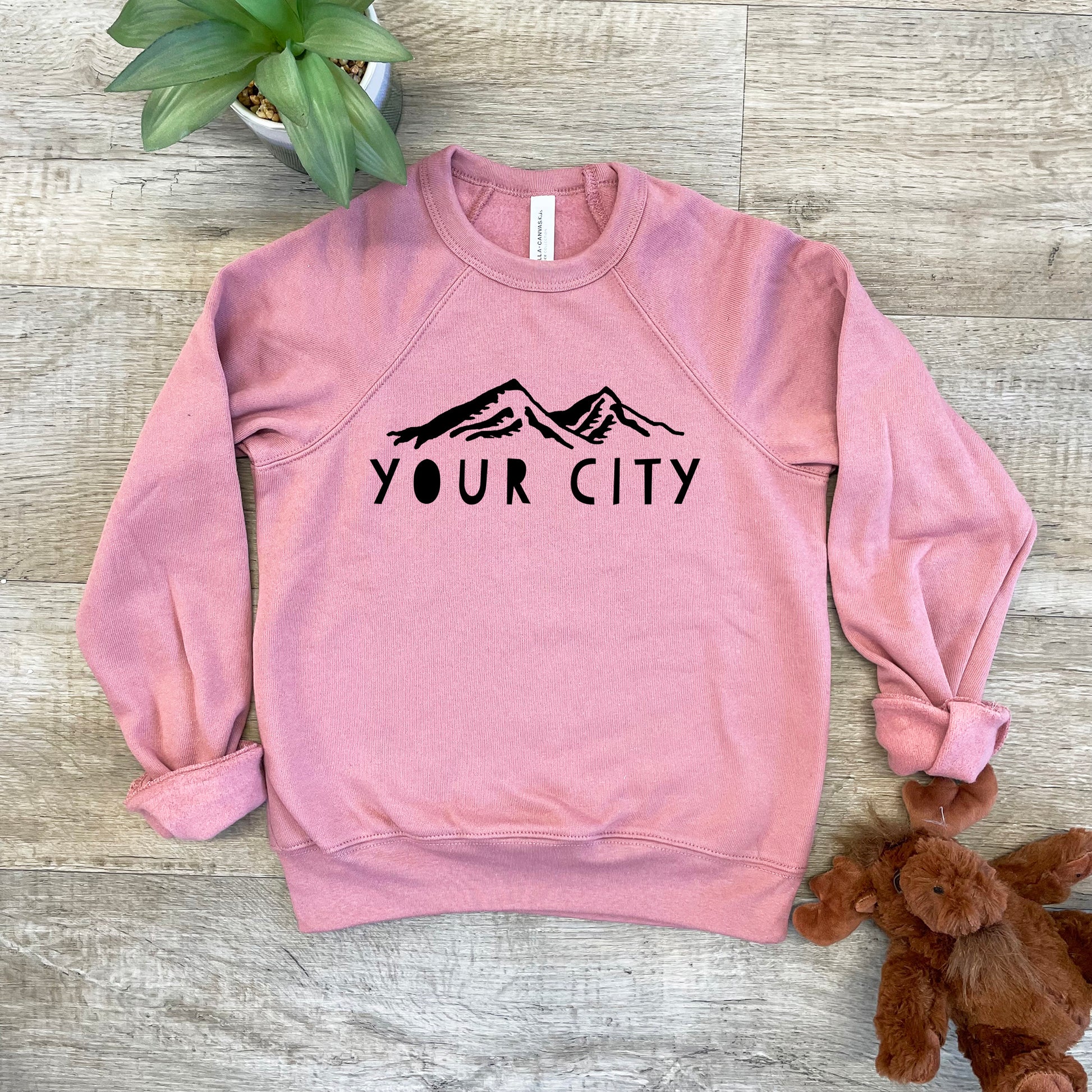 a pink sweatshirt with the words your city on it next to a teddy bear