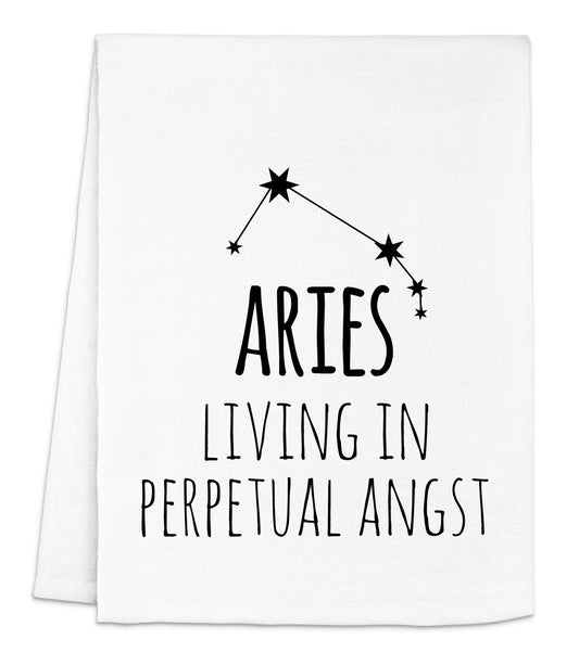 a white dish towel with the words aris living in perpetual angst