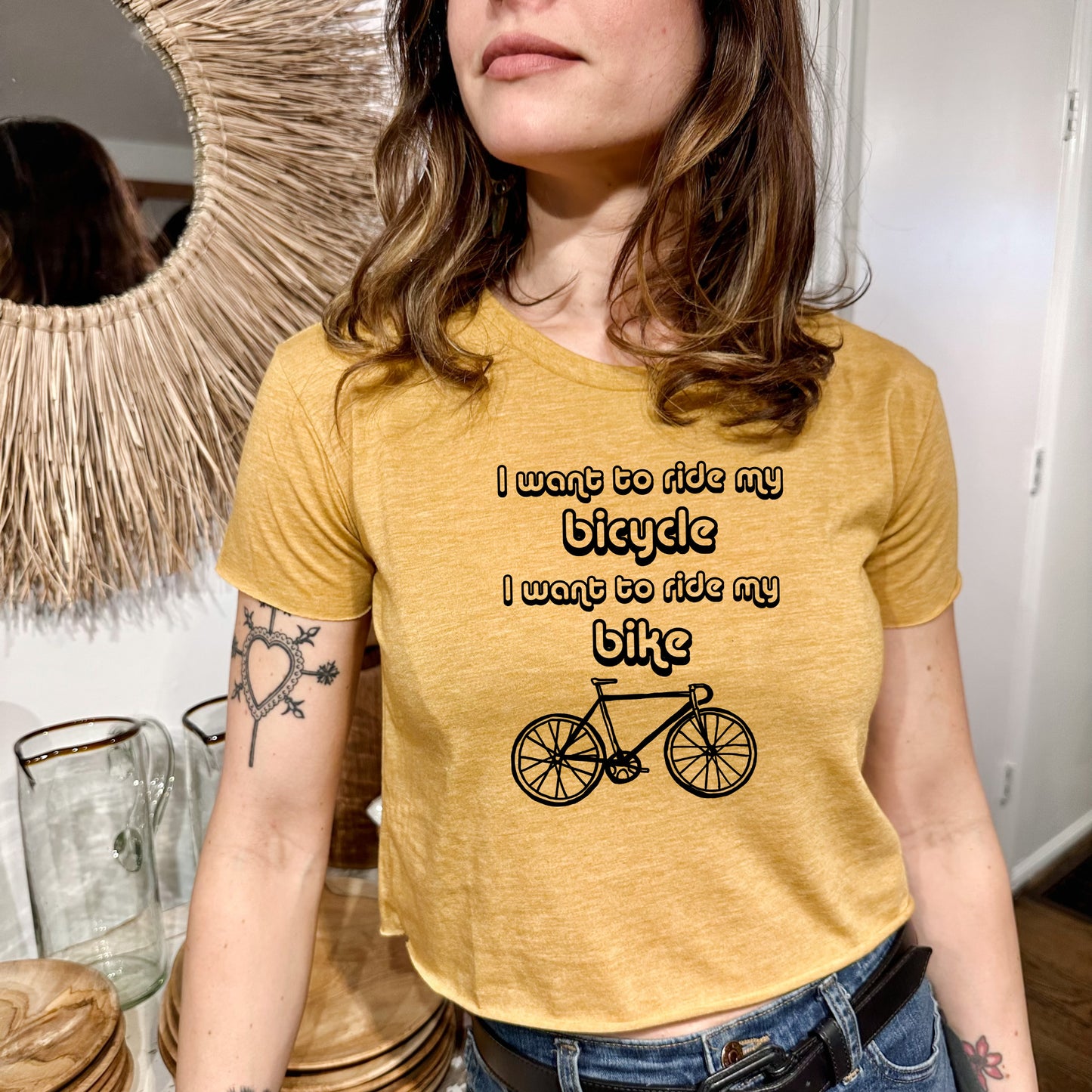 I Want To Ride My Bicycle, I Want To Ride My Bike - Women's Crop Tee - Heather Gray or Gold