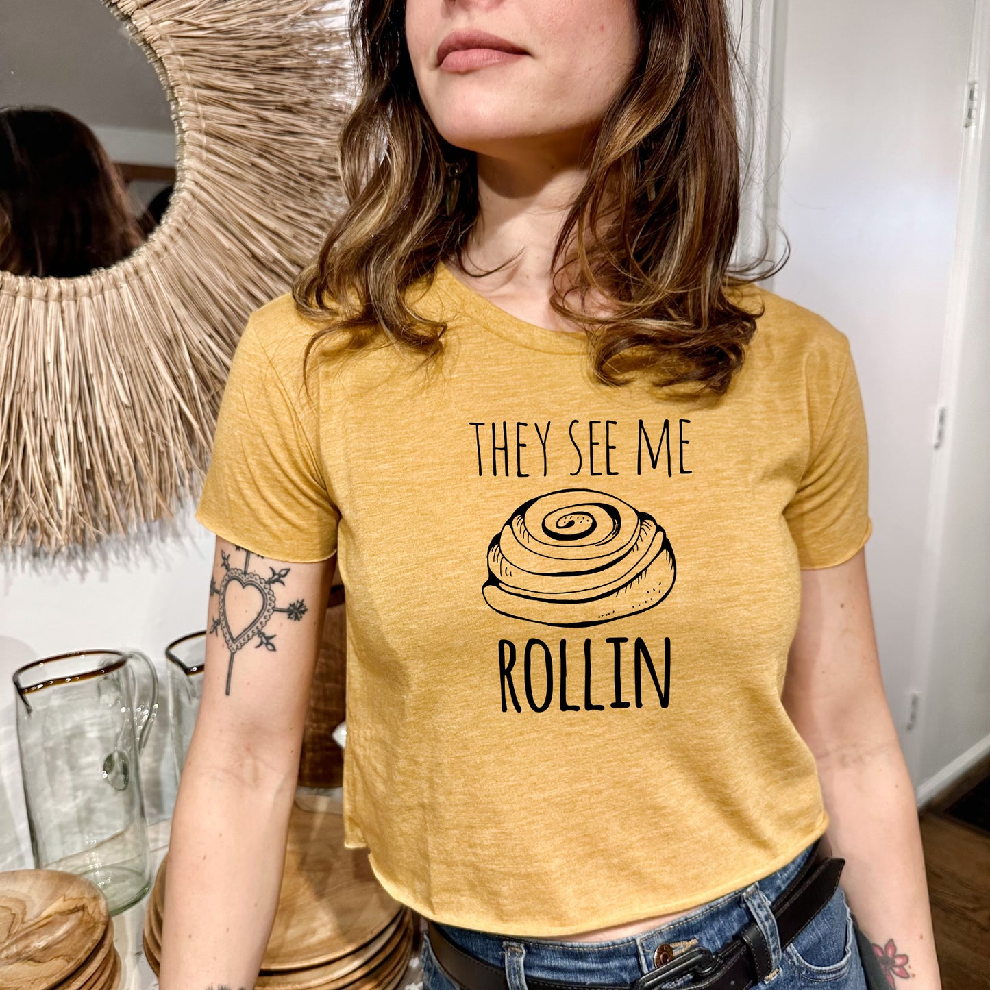 They See Me Rollin' (Cinnamon Roll) - Women's Crop Tee - Heather Gray or Gold
