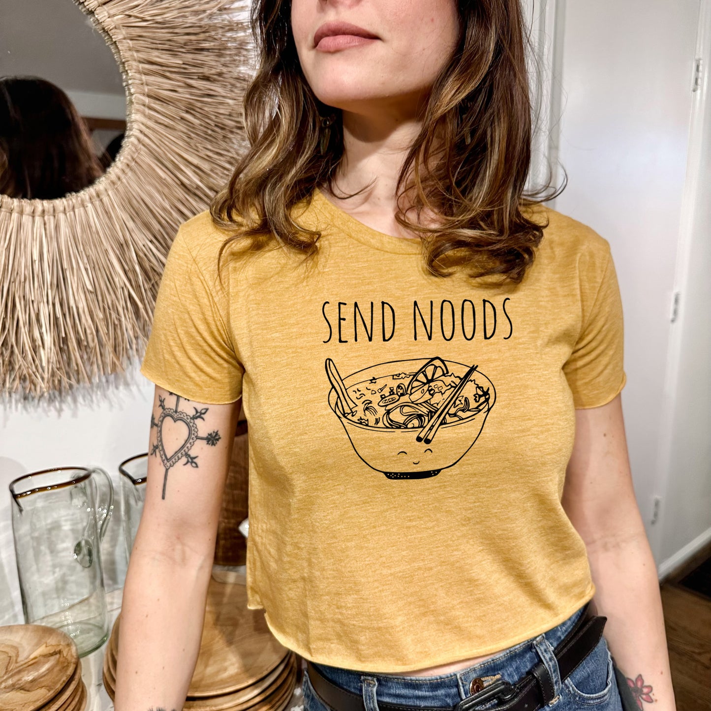 Send Noods - Women's Crop Tee - Heather Gray or Gold