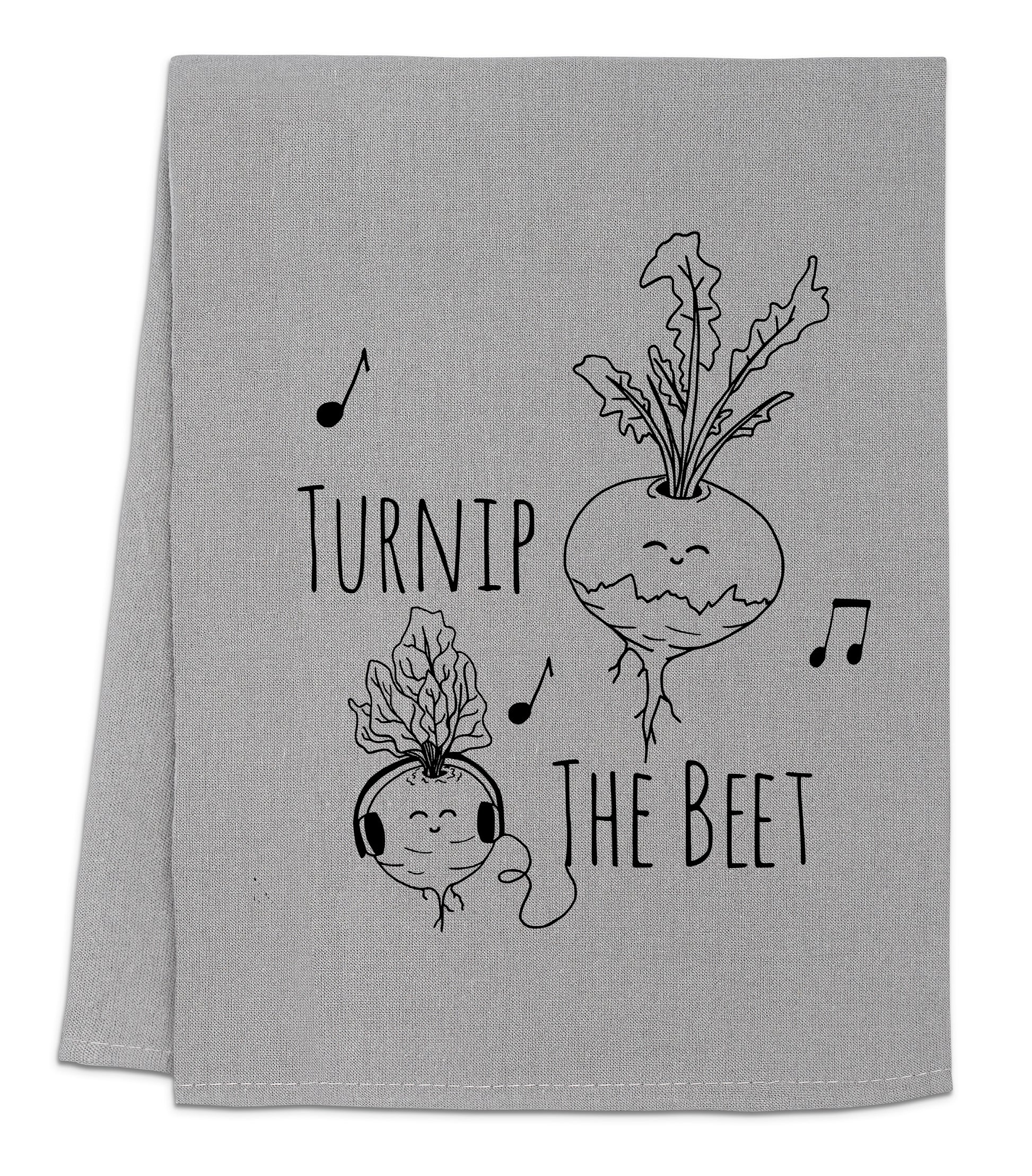 a towel with a picture of a turnip and the beet on it