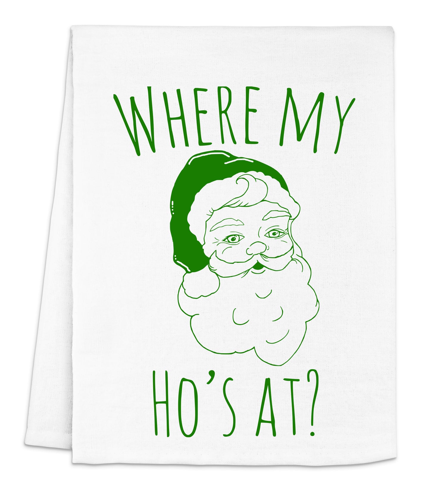 a white towel with a green santa clause on it