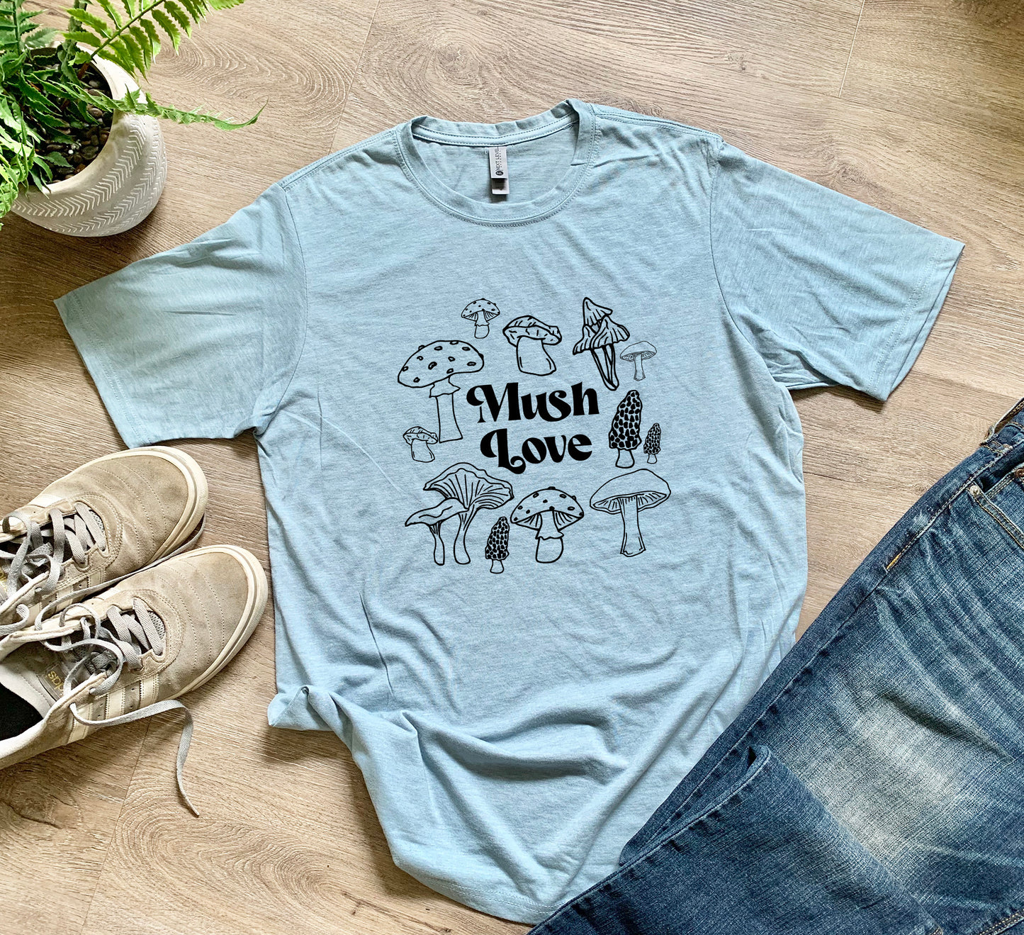 a t - shirt that says mush love surrounded by mushrooms