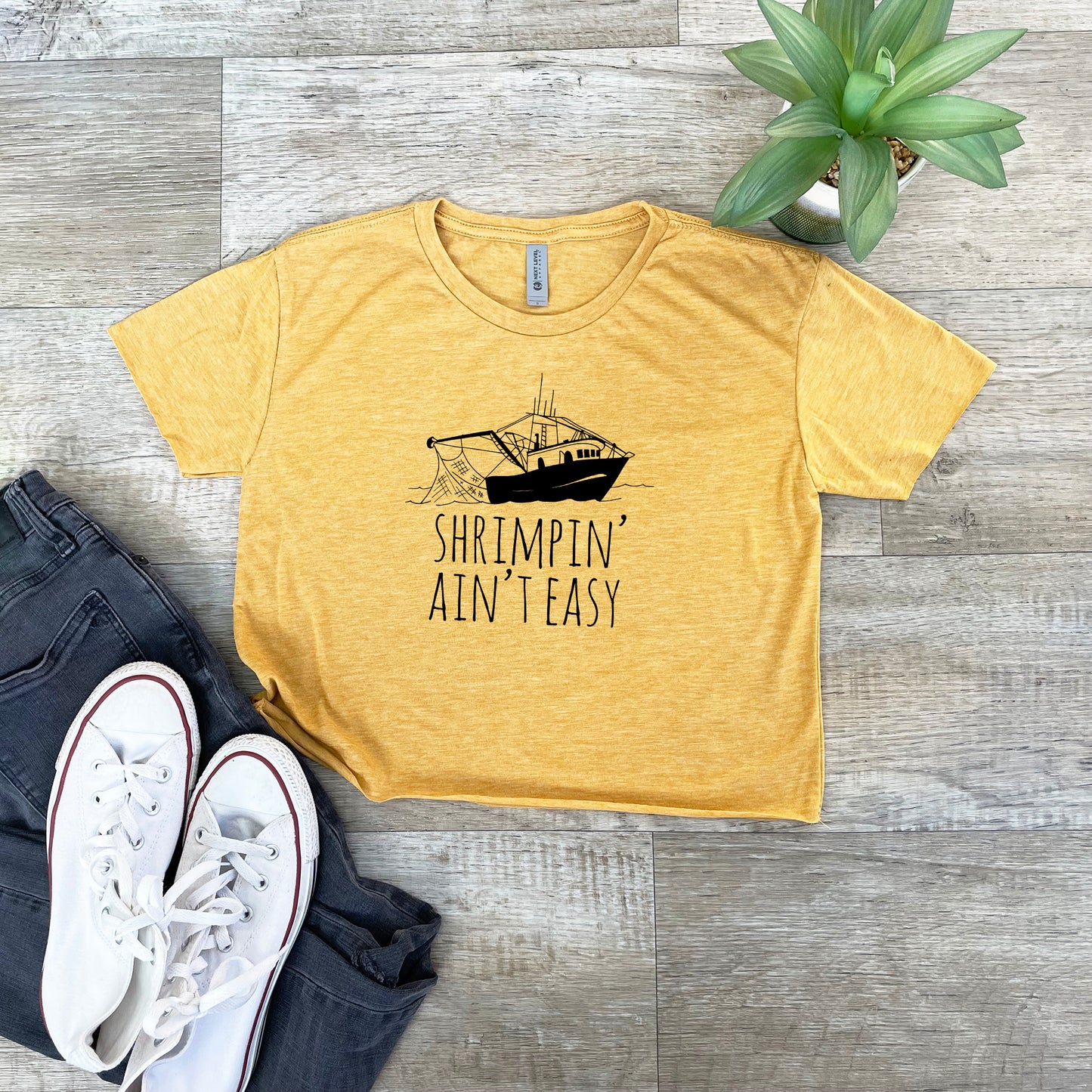 Shrimpin' Ain't Easy - Women's Crop Tee - Heather Gray or Gold