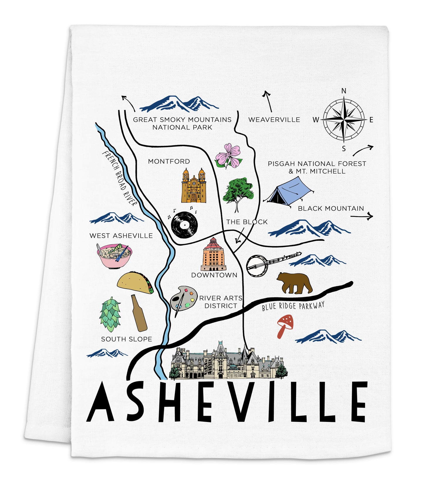 a tea towel with a map of the area