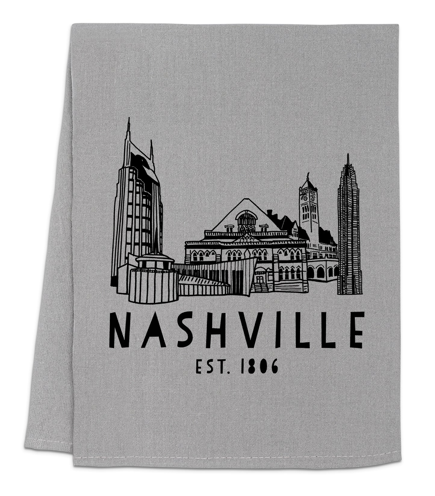 a gray towel with a black and white picture of nashville