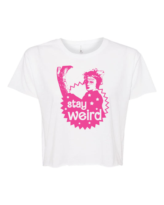 Stay Weird - Women's Crop Tee - White with Pink Ink