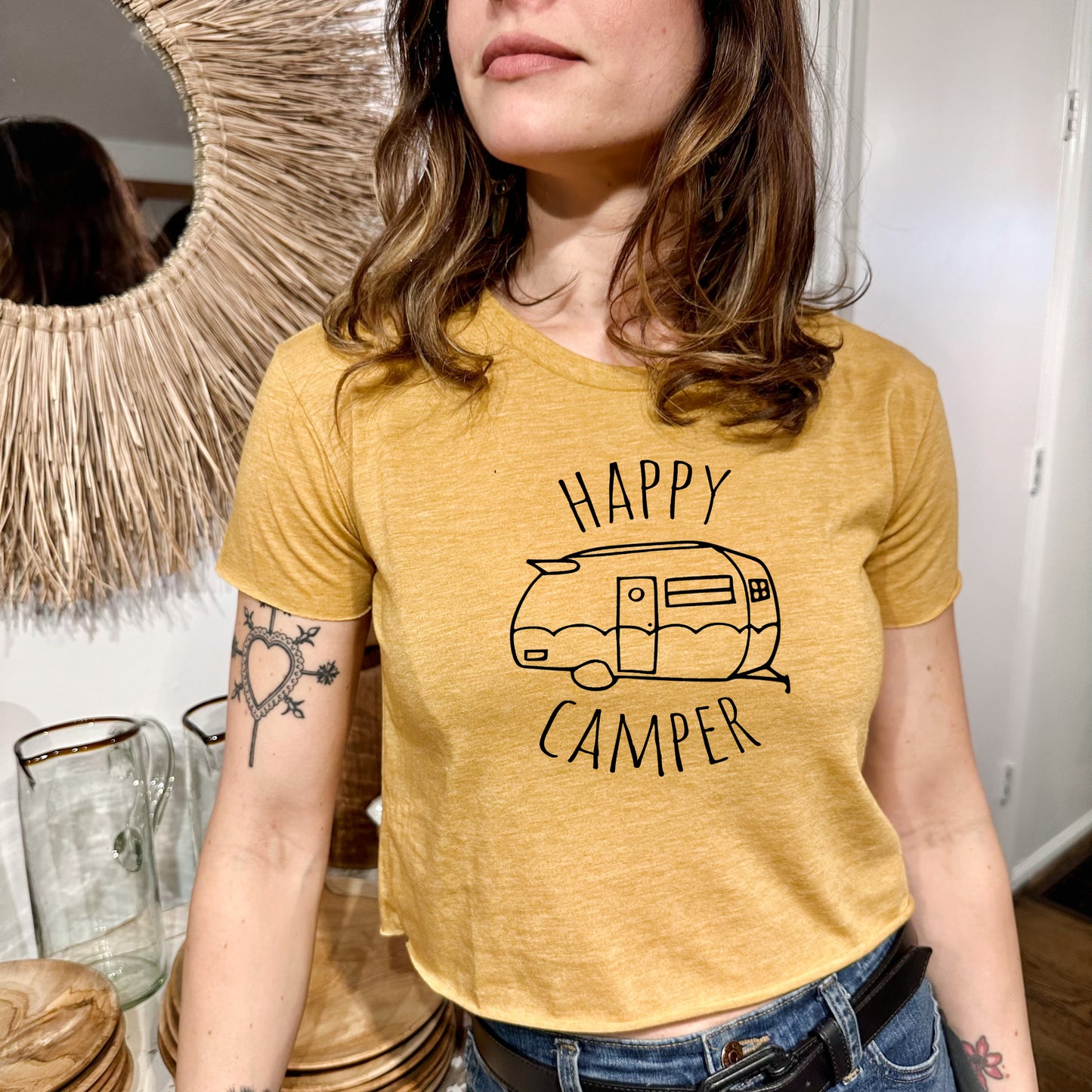 Happy Camper - Women's Crop Tee - Heather Gray or Gold