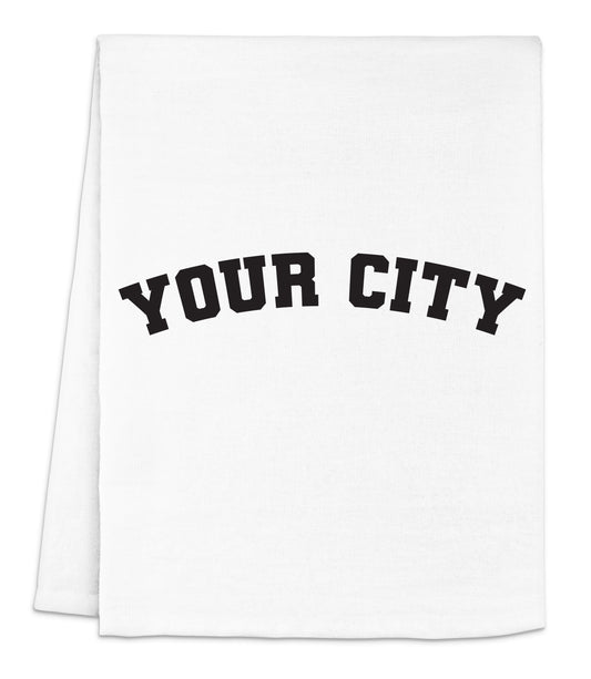a white towel with the words your city printed on it