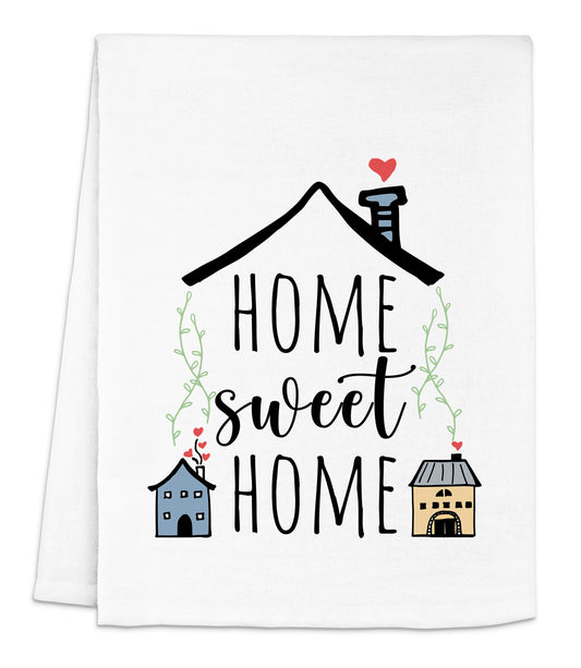 a tea towel with a house and a heart on it