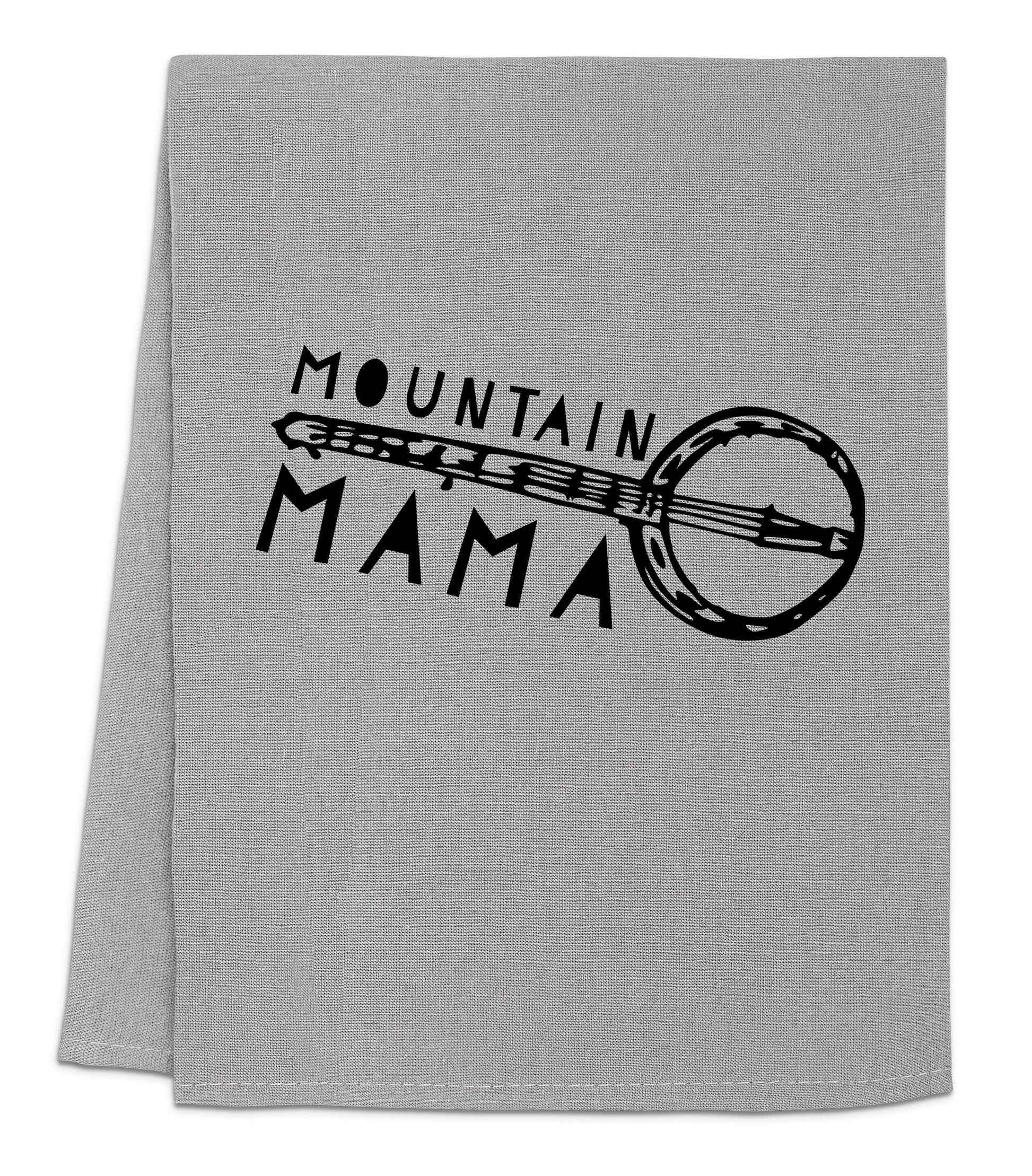 a gray towel with the words mountain mama printed on it