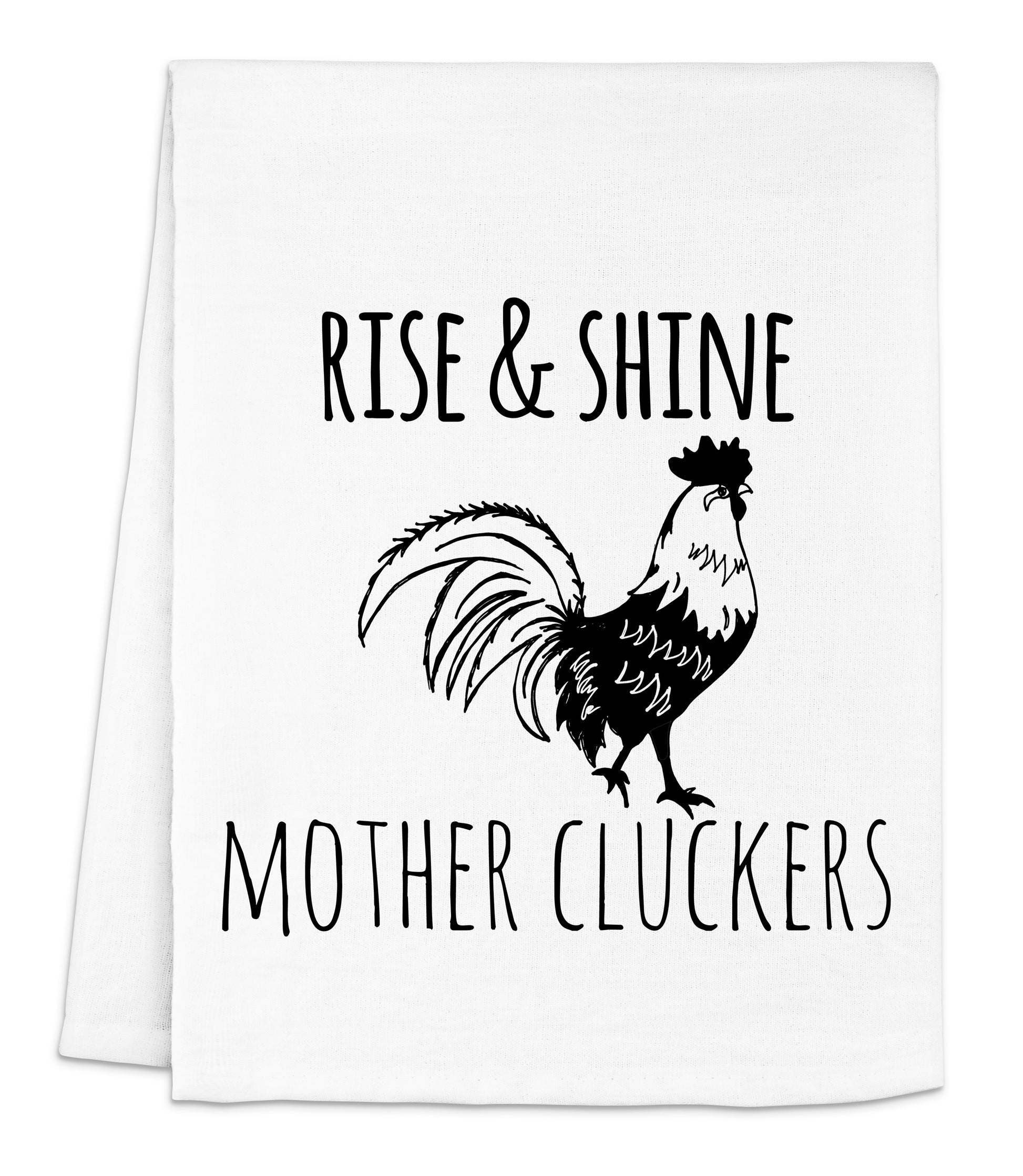 a white dish towel with a black rooster on it