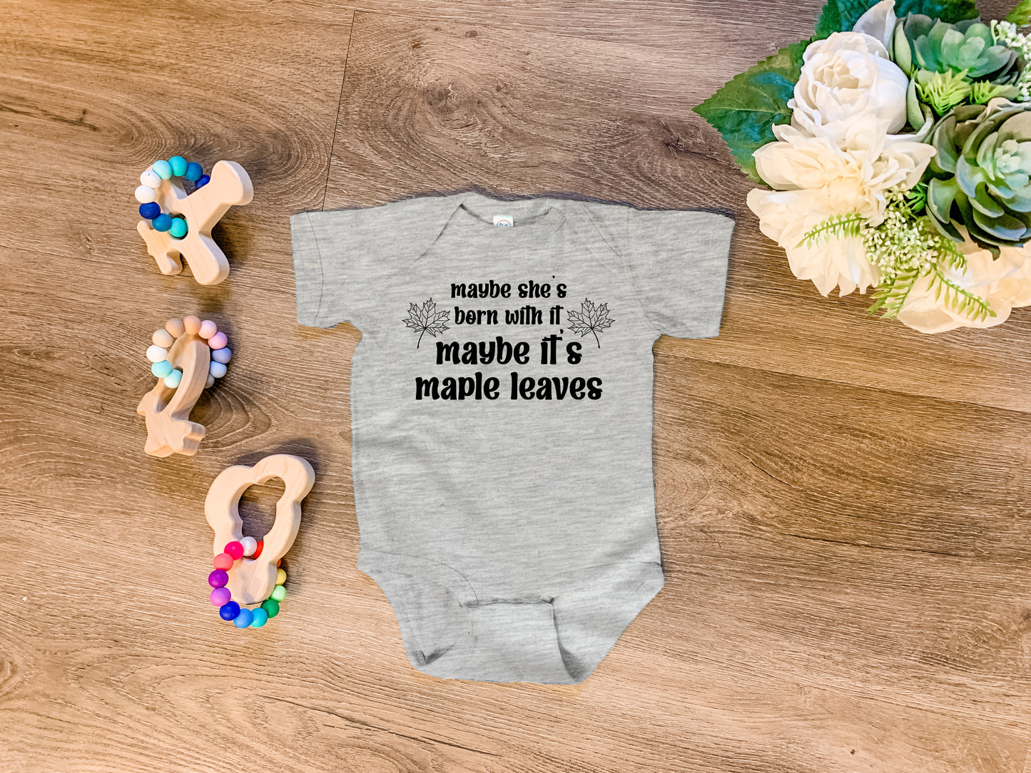 Maybe She's Born With It, Maybe It's Maple Leaves - Onesie - Heather Gray, Chill, or Lavender
