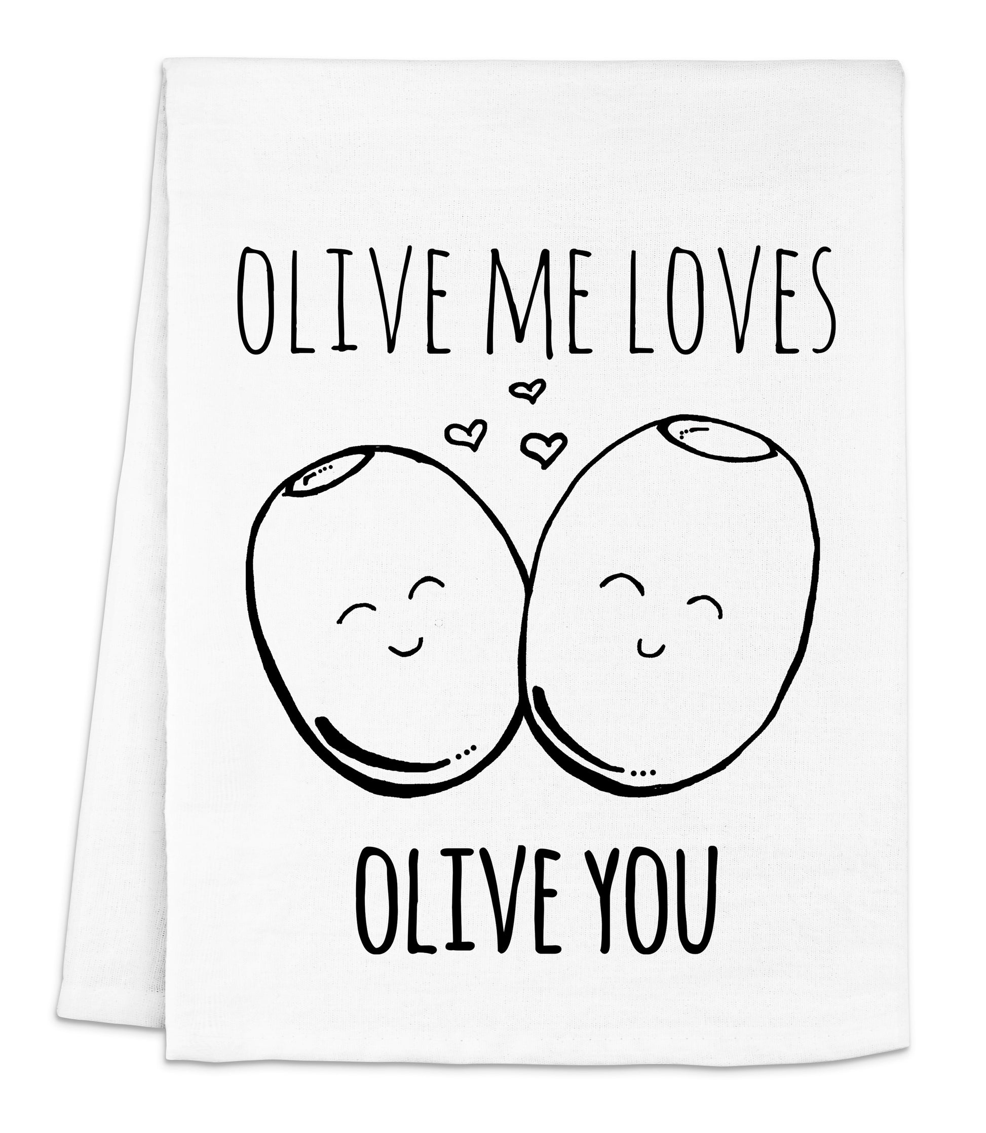 a white dish towel with two apples and the words olive me loves olive you