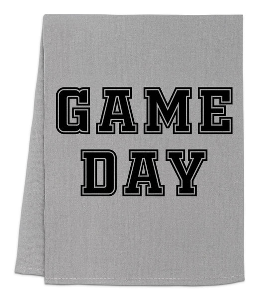 a gray towel with the words game day printed on it