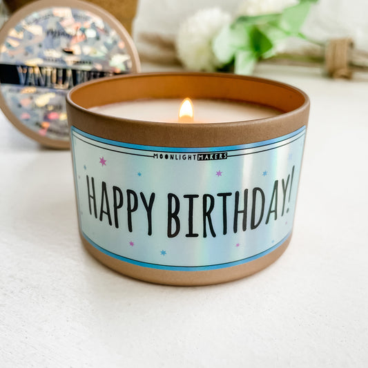 Sweet Birthday Gift, Happy Birthday, 100% Natural Soy Wax Scented Candle, Vanilla Breeze, 8oz Candle Tin I Holographic
