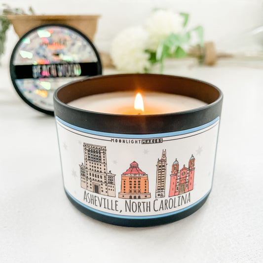 Downtown Asheville, NC 100% Natural Soy Wax, Choose Your Scent, 8oz Candle Tin,