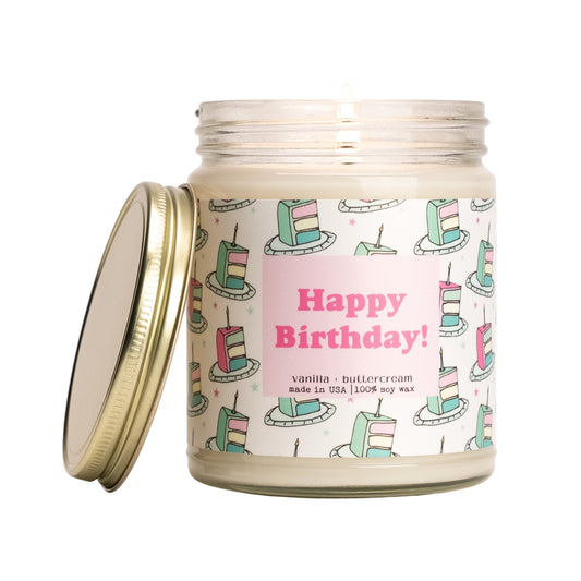 Birthday Cake Candle, Happy Birthday, 100% Natural Soy Wax Scented Candle, Clean Burn, 9oz Glass Jar Candle, Vanilla & Buttercream