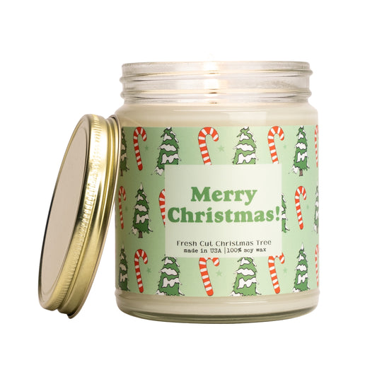 Merry Christmas - 9oz Glass Jar Soy Candle - Fresh Cut Christmas Tree Scent