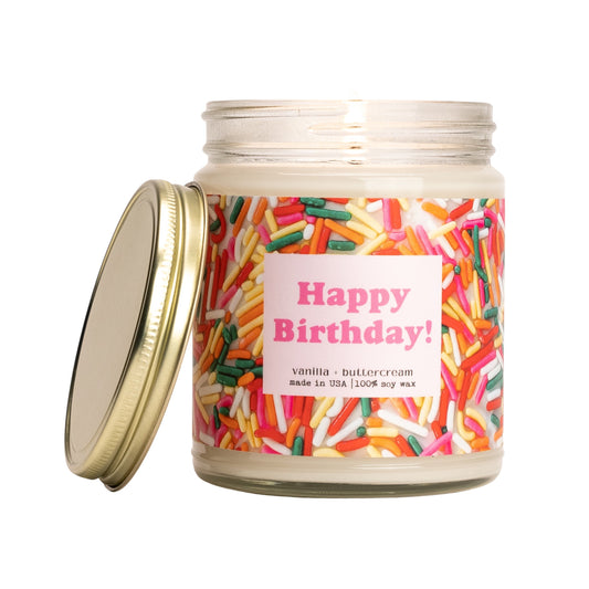 Birthday Sprinkles Candle, Happy Birthday, 100% Natural Soy Wax Scented Candle, Clean Burn, 9oz Glass Jar Candle, Vanilla & Buttercream