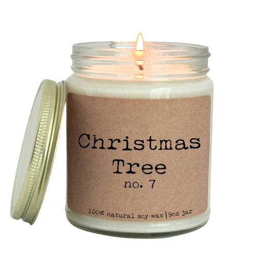 a candle with a label on it that says christmas tree no 7