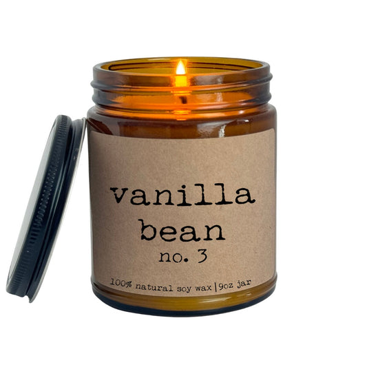 a jar of vanilla bean candles with a label reading vanilla bean no 3