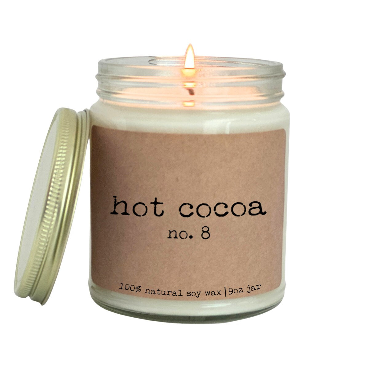 a candle with a label that says hot cocoa no 8