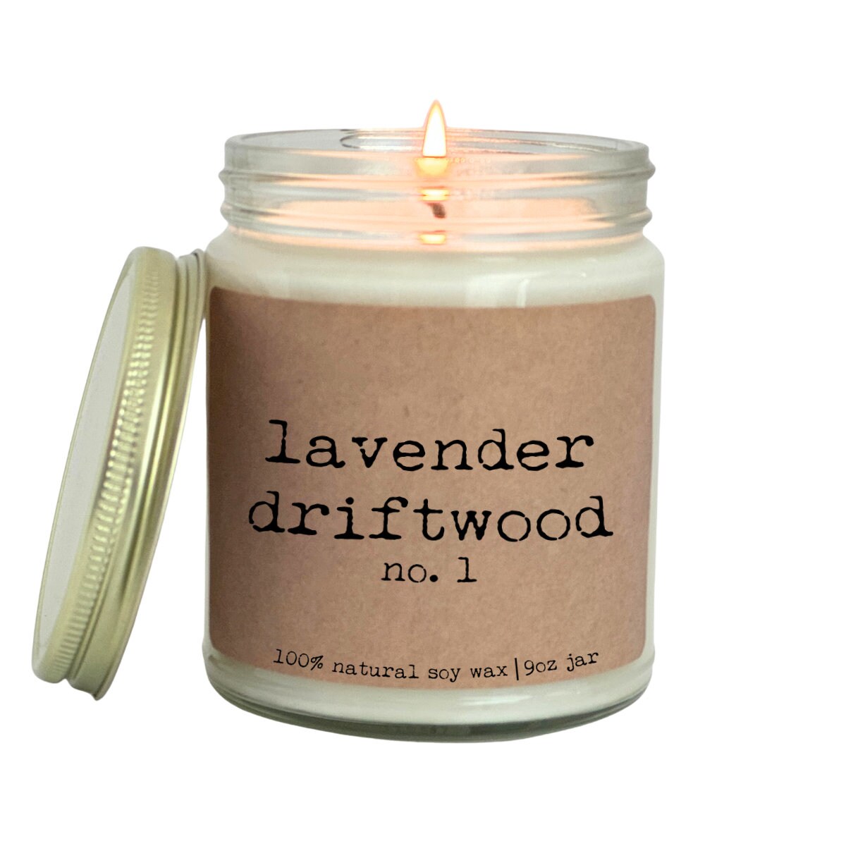 a candle with a label that says lavender driftwood
