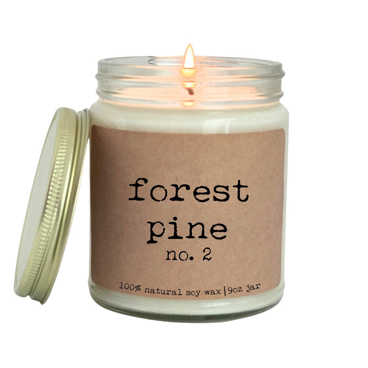 a candle with a label that says forest pine no 2