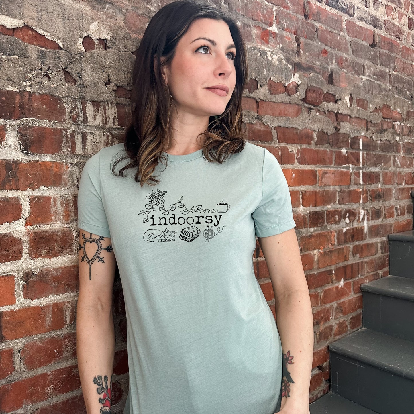 Indoorsy (Introverts, Cat) - Women's Crew Tee - Olive or Dusty Blue