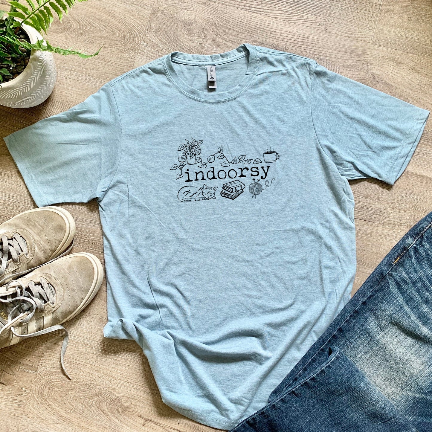 Indoorsy (Introverts, Cat) - Men's / Unisex Tee - Stonewash Blue or Sage