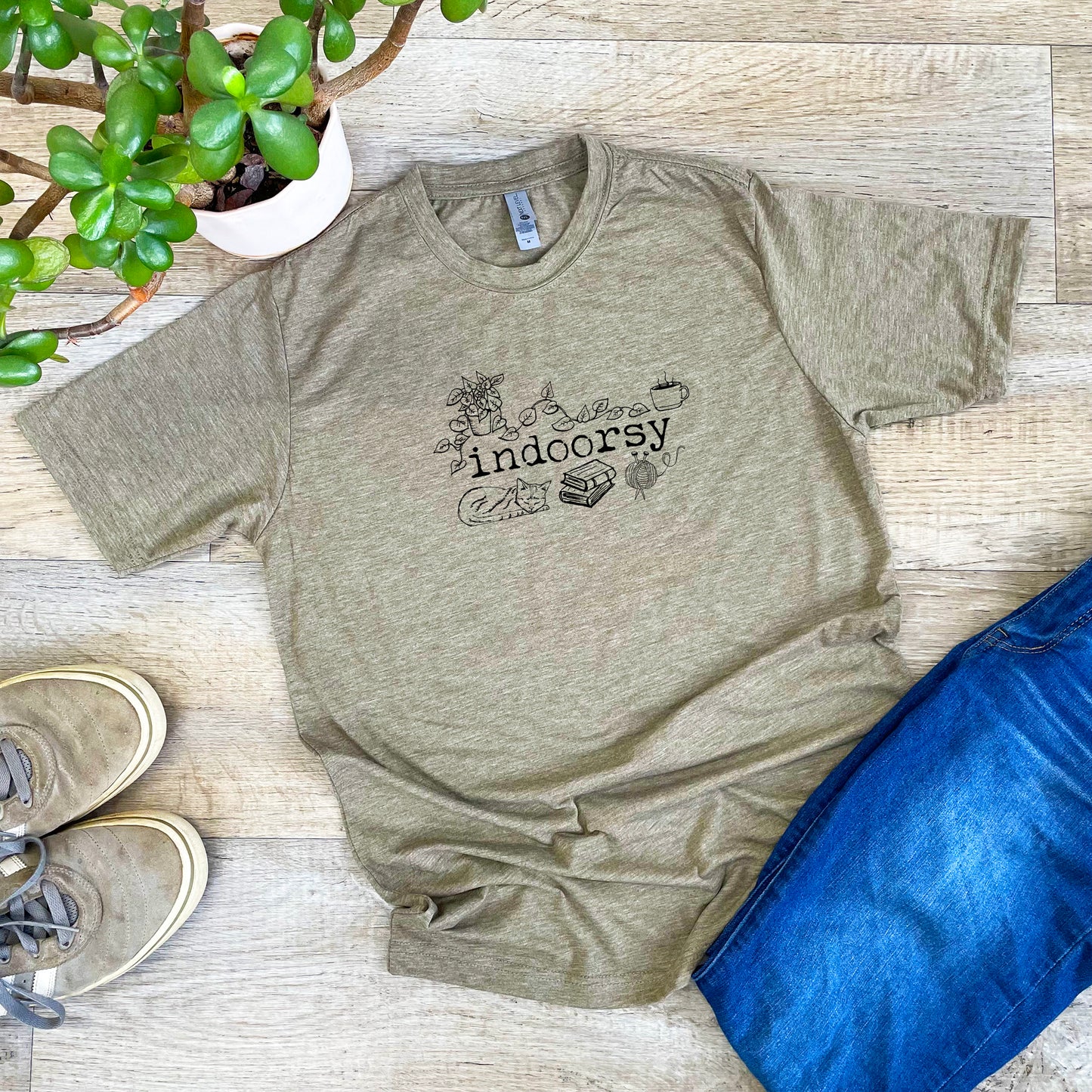 Indoorsy (Introverts, Cat) - Men's / Unisex Tee - Stonewash Blue or Sage