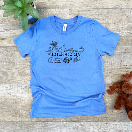 Indoorsy (Introverts, Cat) - Kid's Tee - Columbia Blue or Lavender