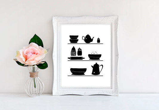 Kitchen Shelves (Black and White) - 8"x10" Wall Print - MoonlightMakers