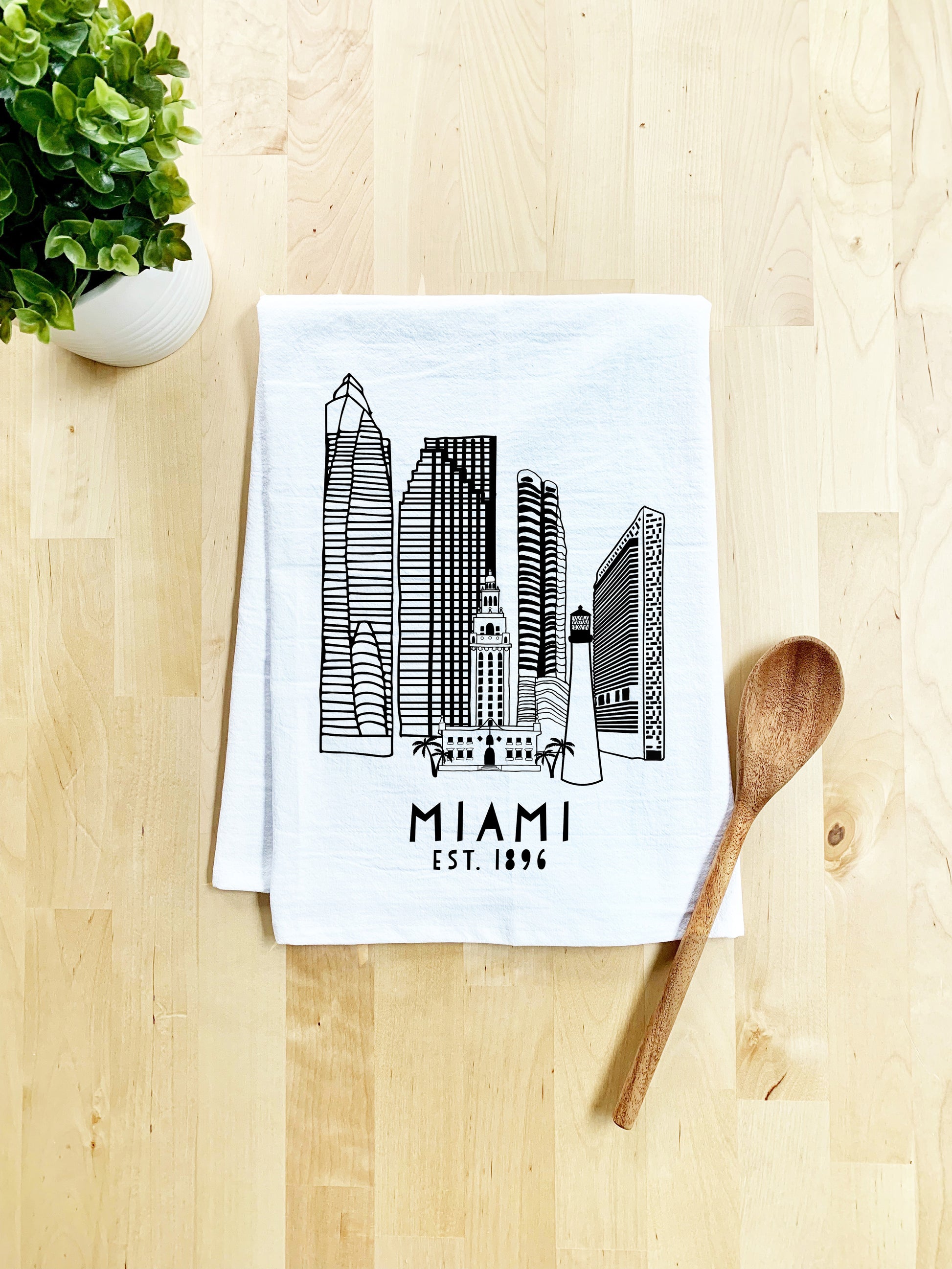 Miami Skyline - Dish Towel - White Or Gray - MoonlightMakers