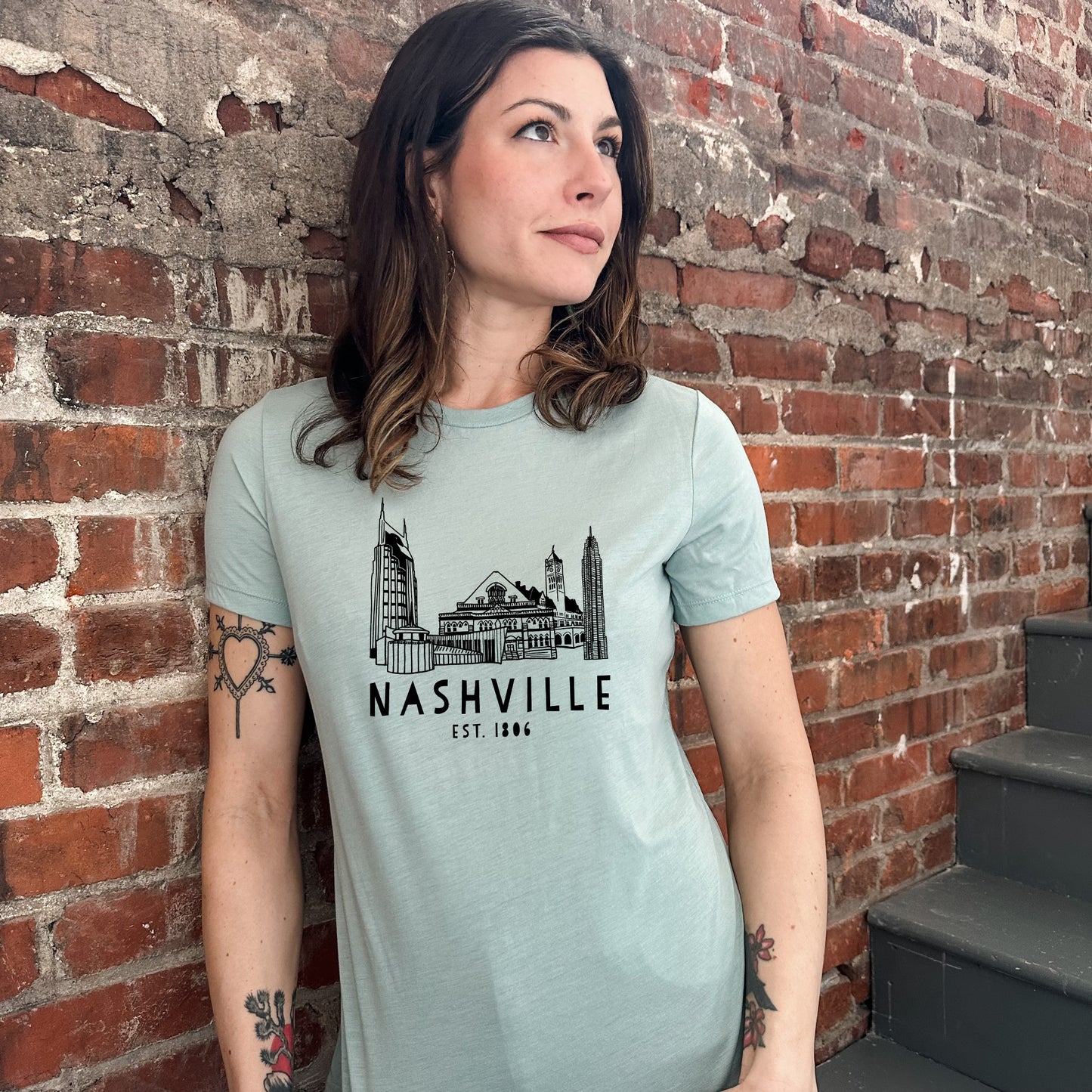 Nashville Skyline - Women's Crew Tee - Olive or Dusty Blue