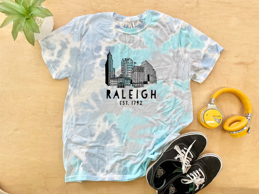 Raleigh Skyline (NC) - Mens/Unisex Tie Dye Tee - Blue